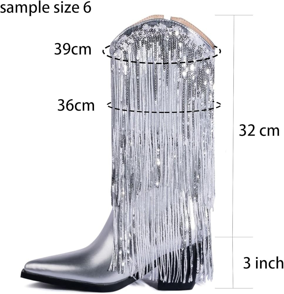 MUCCCUTE Women's Fringe Western Cowboy Boots Metallic Cowgirl Mid-Calf Boots Pointed-Toe Chunky B... | Amazon (US)