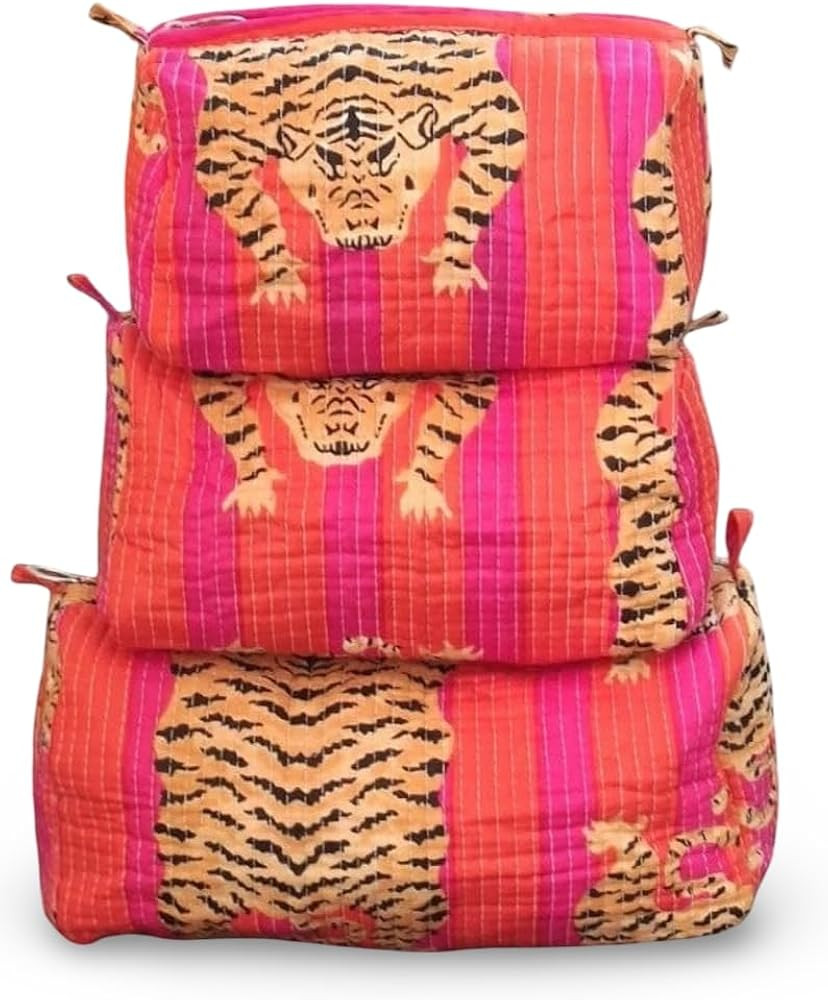 Quilted Cotton Tiger Print Travel Toiletry Bags, Cosmetic Organizer Set, Pink and Orange | Amazon (US)