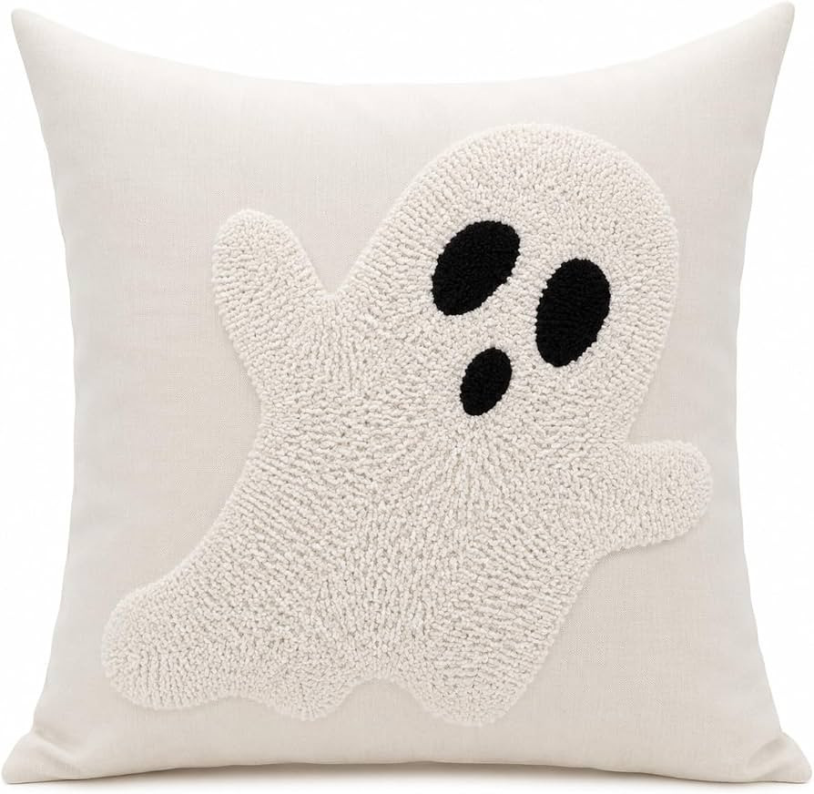Halloween Throw Pillow with Insert Included, 18x18 Inch Tufted Ghost Decorative Pillow, Cute Text... | Amazon (US)