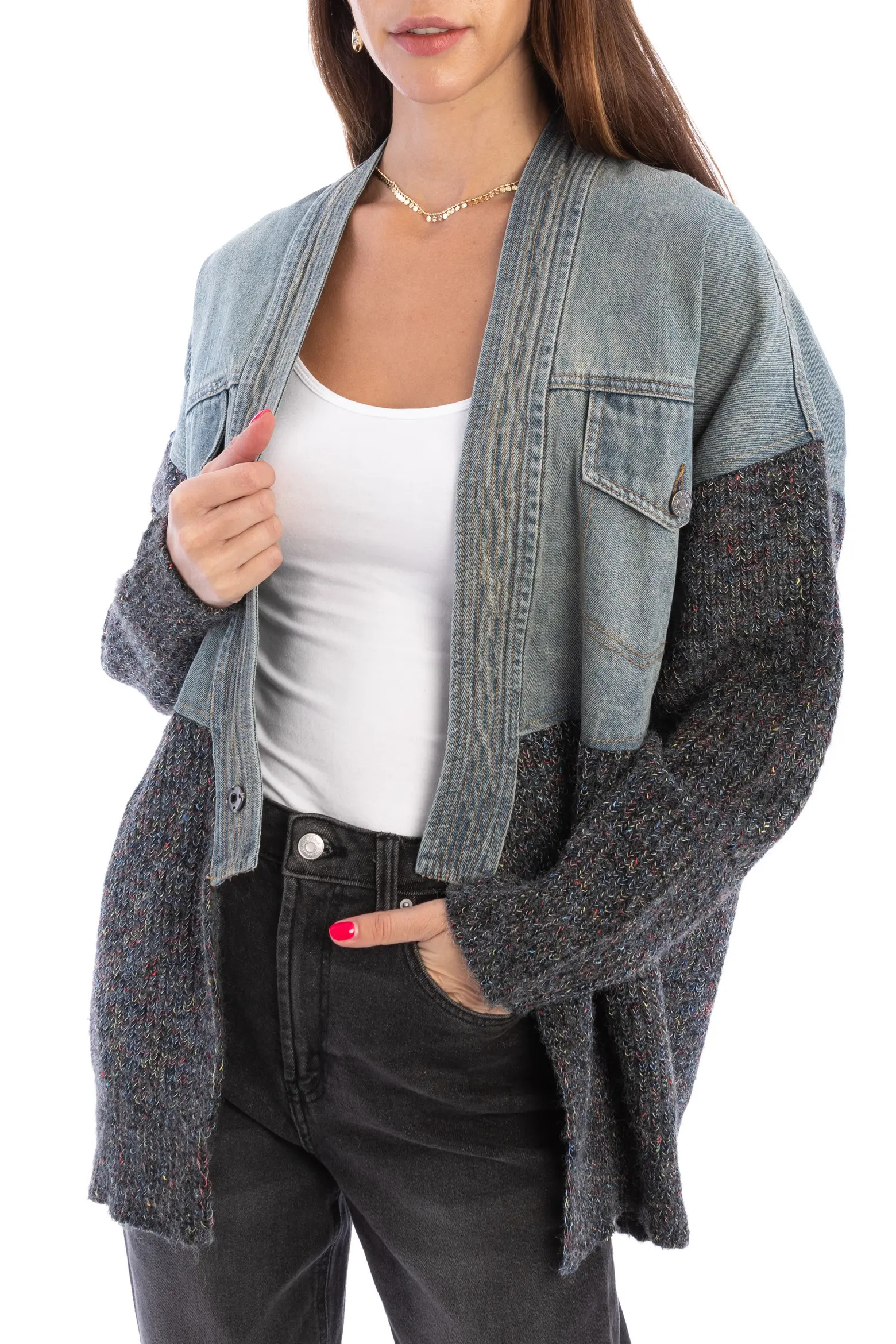 SAACHI Mixed Media Denim Cardigan (Women) | Nordstromrack | Nordstrom Rack