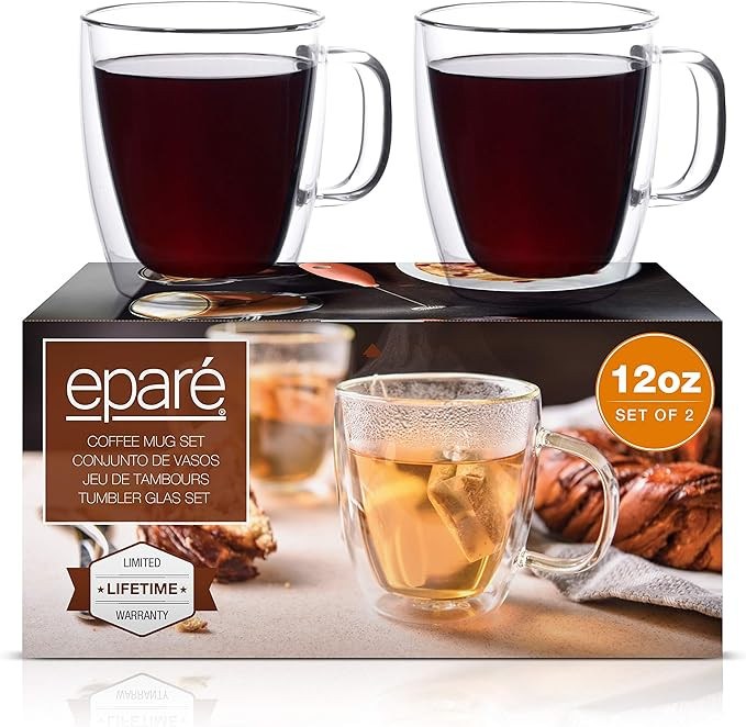 Eparé Coffee Mugs - 12oz Set of 2 Clear Glass Double Wall Cup - Insulated Glassware - Large Espr... | Amazon (US)