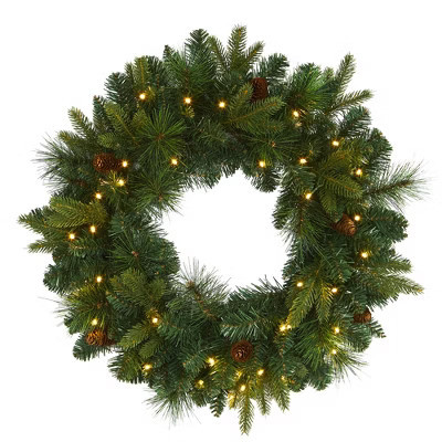 Nearly Natural 24-in Mixed Pine Artificial Christmas Wreath with 35 Clear LED Lights and Pinecones | Target