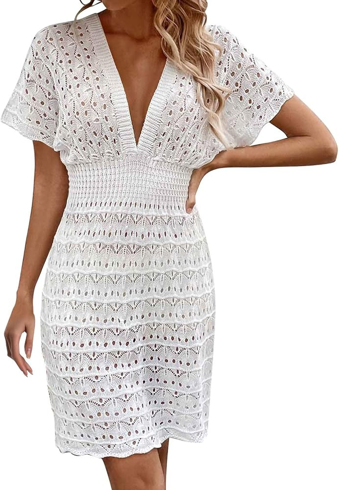 Crochet Swimsuit Cover Up for Women 2024 Wave Pattern Hollow Out Knit Bikini Bathing Suit Beach D... | Amazon (US)