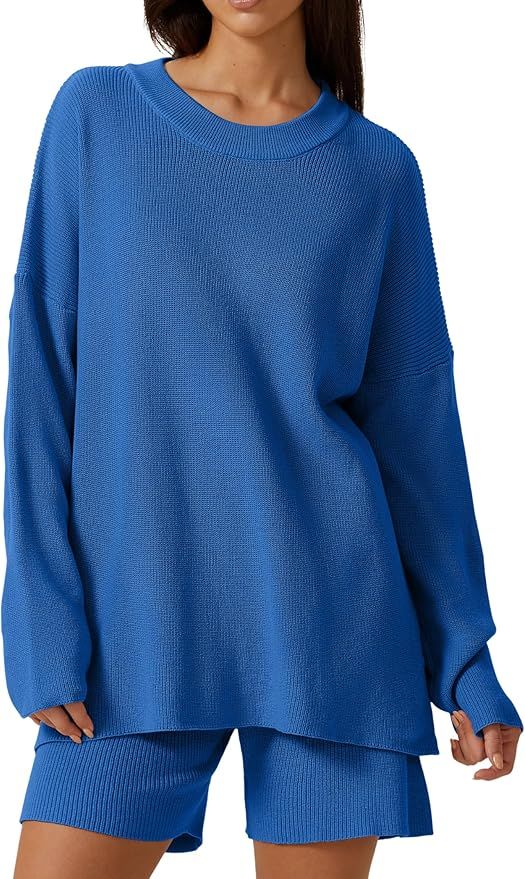 QINSEN Lounge Set for Women Long Sleeve Pullover Sweater with Shorts Two Pieces Loungewear | Amazon (US)