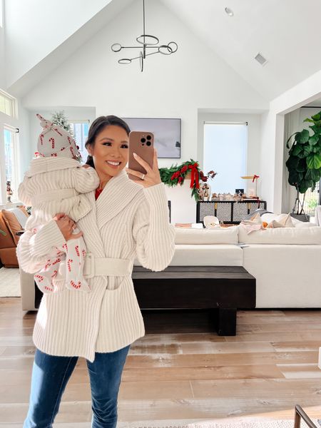 Matching outfit with baby girl! Wearing this chunky knit sweater jacket that is so comfy for the wintertime! On sale for 50% off 

#LTKSeasonal #LTKsalealert #LTKstyletip