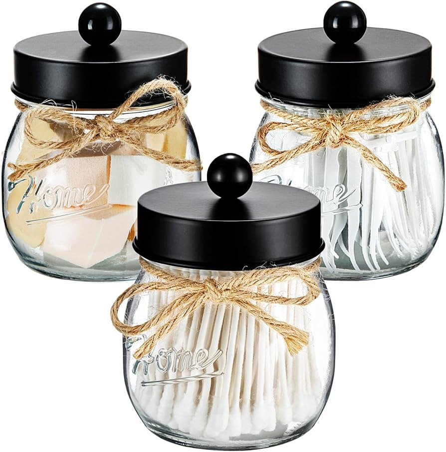 SheeChung 3 Pack Qtip Holder, Cotton Swab Holders, Apothecary Jars with Lids, Bathroom Jars, Blac... | Amazon (US)