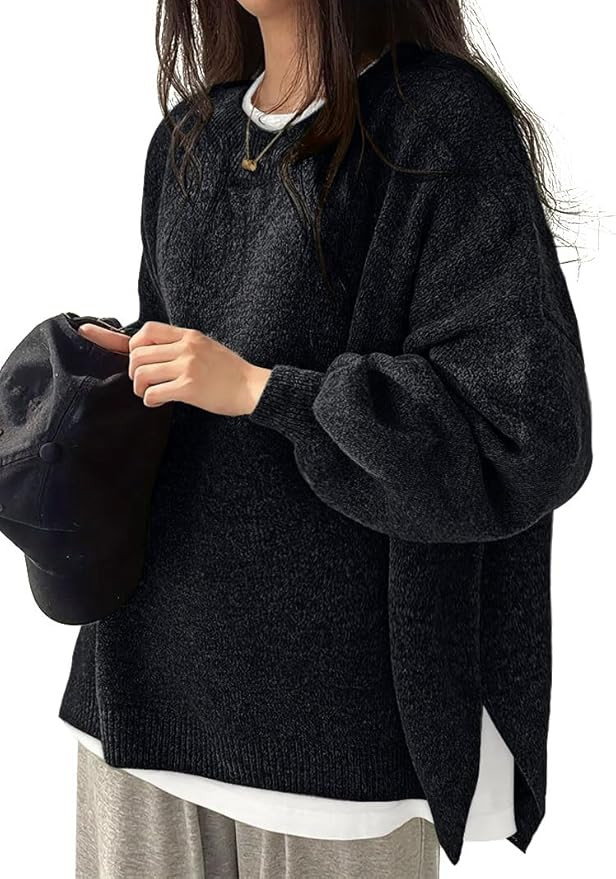 Women's Oversized Crewneck Sweaters Batwing Long Sleeve Side Slit Ribbed Knit Pullover Sweater To... | Amazon (US)