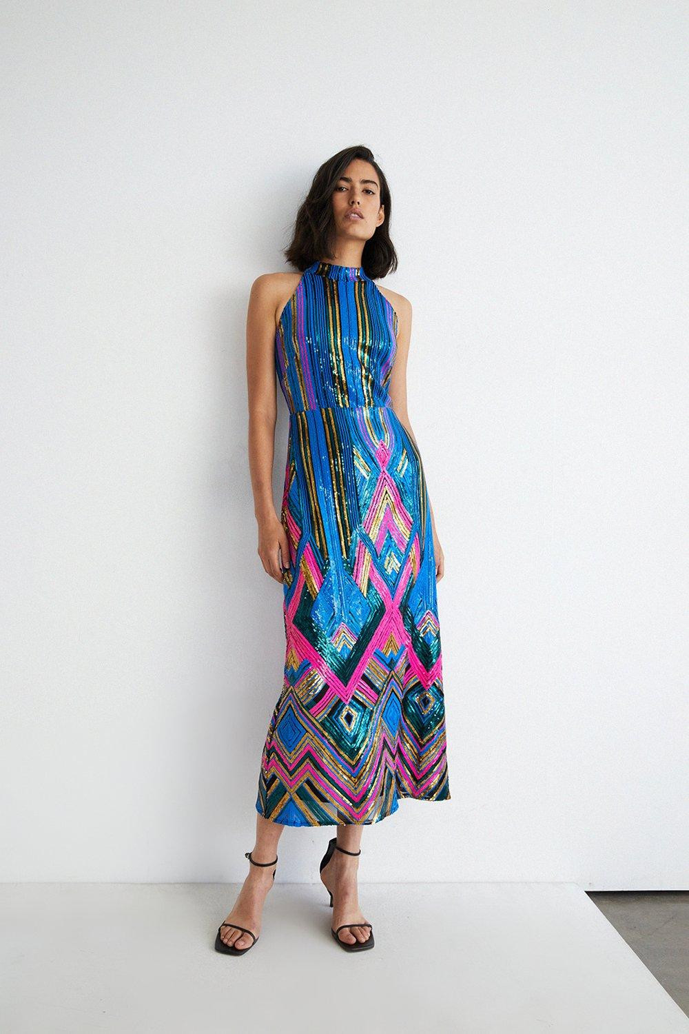 Statement Sequin Halter Neck Dress | Warehouse UK & IE
