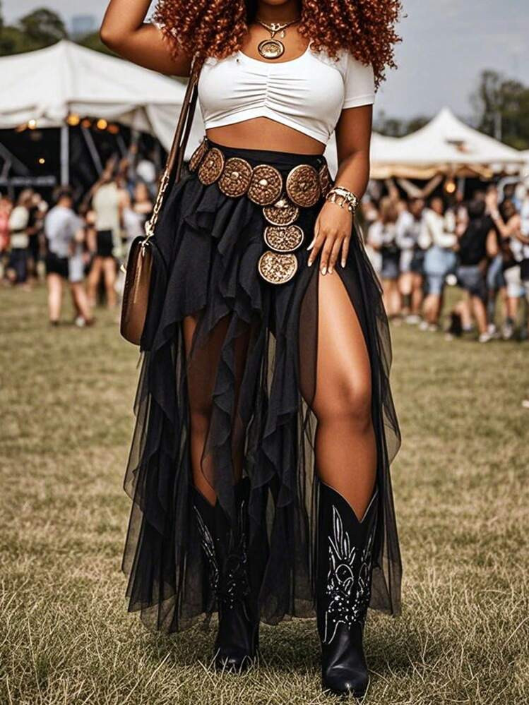 Slaydiva Spring/Summer Elastic Waist Boho Black Sheer Skirt,Rave Music Festivals,Western Nomadic ... | SHEIN