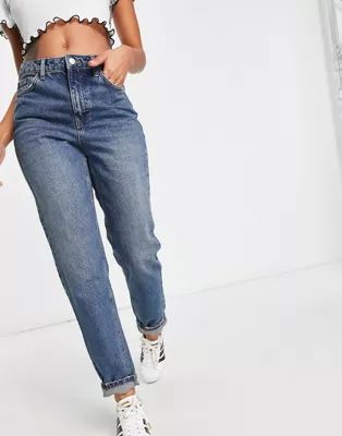 Topshop mom recycled cotton blend jeans in mid blue | ASOS (Global)