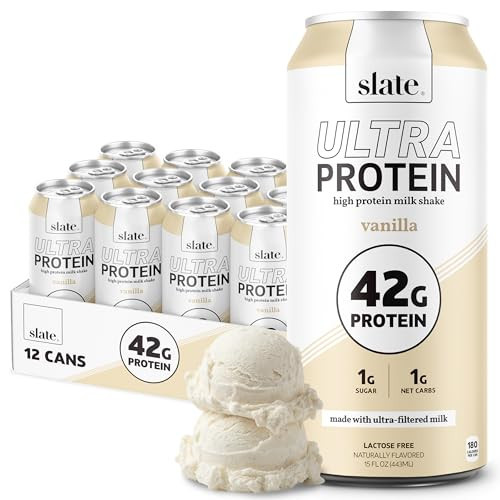 Slate Milk - Ultra Protein Shake - Vanilla - 42g Protein, 1g Sugar, 180 Calories, 1g Net Carbs - Lactose Free, No Added Sugar - Made with Ultra Filtered Milk - Breakfast Boost, Post Workout - 15 fl oz, 12 Cans | Amazon (US)