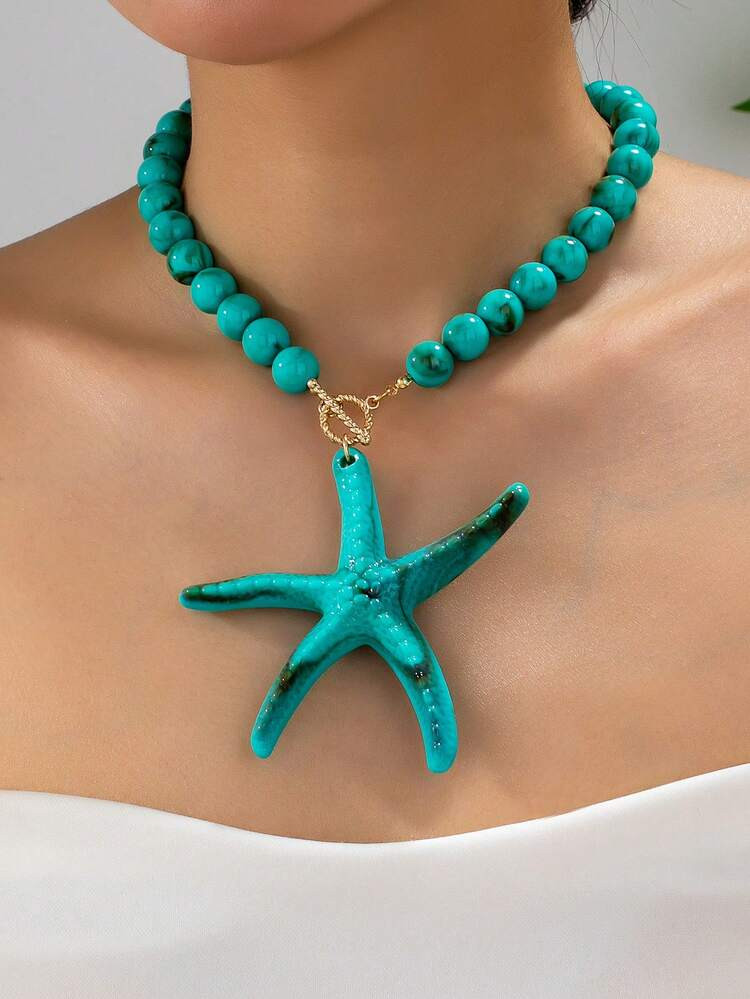 1pc Acrylic Blue Starfish Pendant Necklace, Ocean Style Suitable For Women Daily, Summer Beach Vacation Wear | SHEIN
