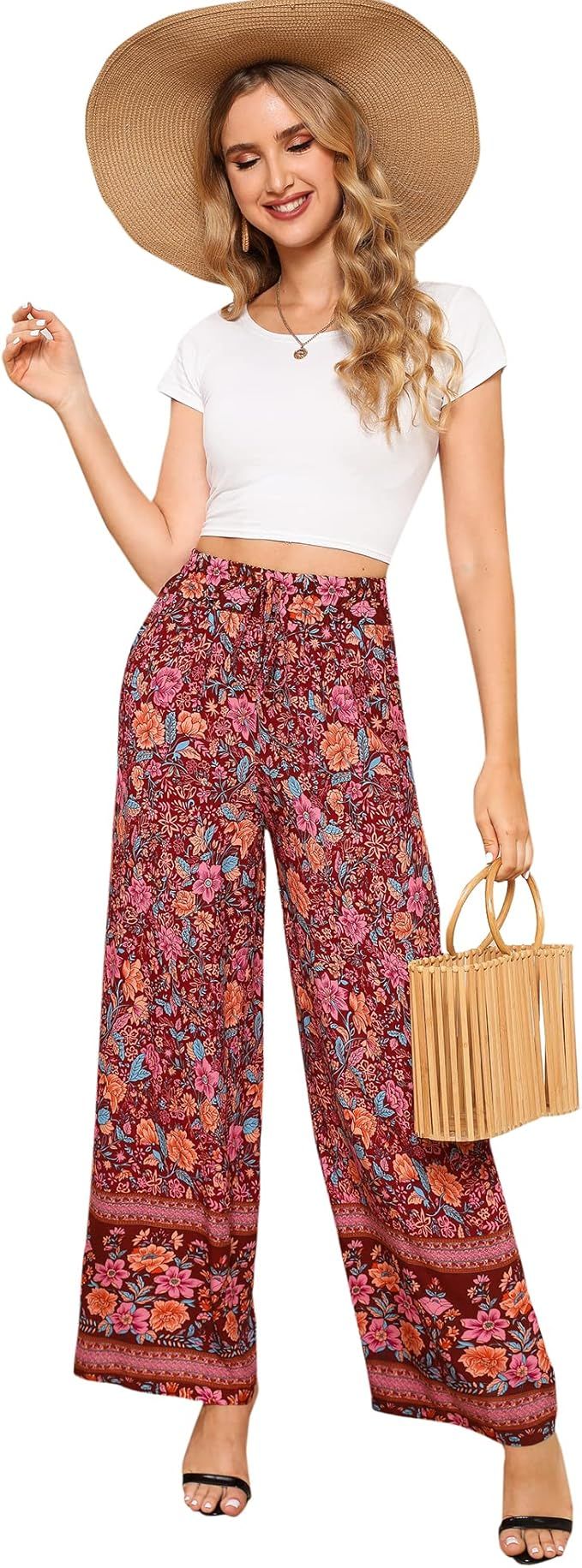 Love Welove Fashion Women's Summer Wide Leg Elastic High Waist Printed Boho Hippie Palazzo Pants | Amazon (US)