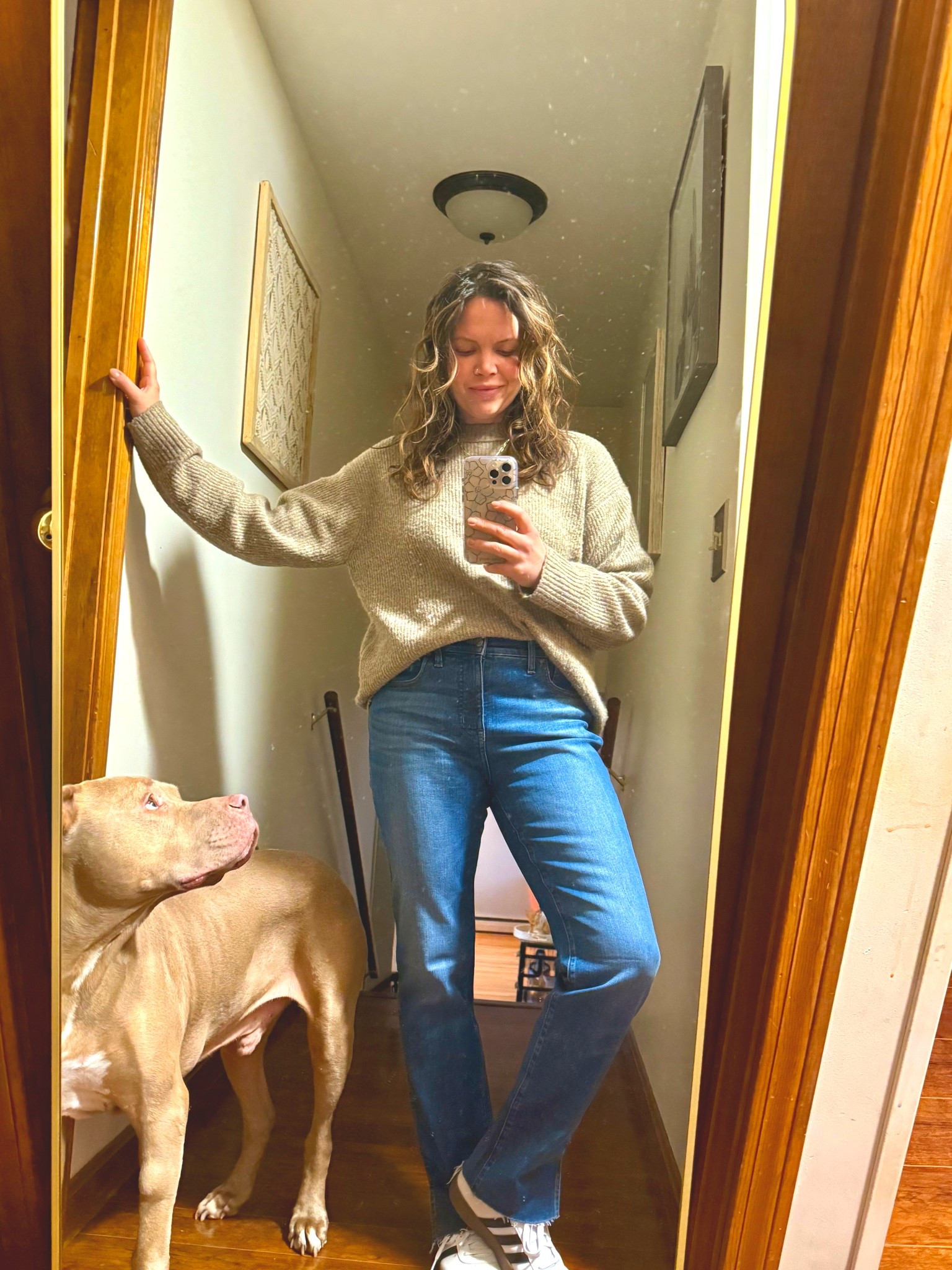 #OOTD another busy work day means another comfy outfit. 

As you can see I'm wearing my adidas sneakers again because they're so comfy to stand all day as well as they pretty much go with everything! 

The sweater, it looks super heavy but it's not, it's very lightweight and comfy. Also, it doesn't lose its shape! 

Lastly, the jeans.. ohhhh these baddies. Honestly, I know so many people look for cheap deals but if you're at a weight that you can maintain, treat yourself to GOOD JEANS. not all brands are made for everyone's body. Shop around and find a brand that is pretty much tailored to you. It makes a world of difference. 

I'll never buy any more jeans unless they're from my 3 favorite brands now that I have found they work well with my body shape. 

Madewell is the brand I'm wearing currently and they are structured and do not get baggy or weird looking after wearing them for an entire day. Heck, this is the type of good quality jeans that you could even wear multiple times before you wash (like Levi's !) 

I have linked MY favorite brands for jeans to give you inspiration and also stay in budget for some ❤️ 

Duke not included as an accessory purchase 🤣 🐶 
Happy Wednesday ! 
XO


#LTKStyleTip #LTKBeauty #LTKWorkwear