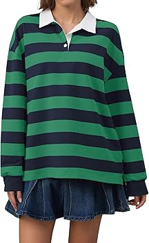 Women Long Sleeve Striped Polo Shirt Oversized Collar Y2k Pullover T Shirt Casual Loose Streetwea... | Amazon (US)