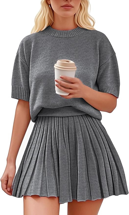 Womens 2 Piece Outfits 2026 Short Sleeve Crewneck Knit Tops And Pleated Mini Skirt Two Piece Sets | Amazon (US)
