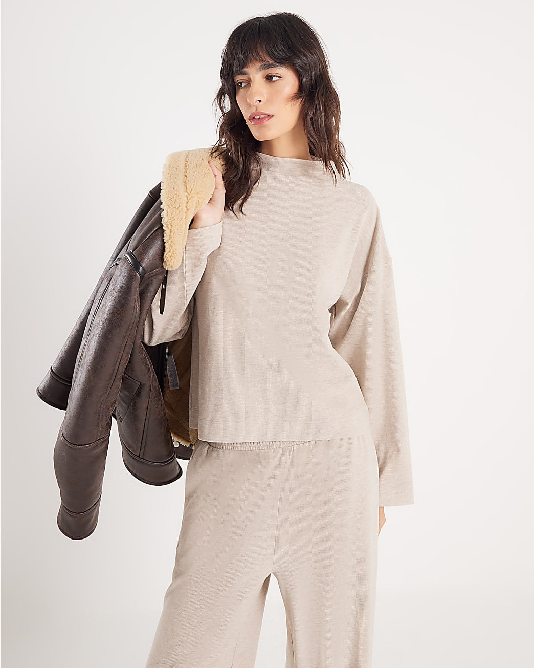 Beige Long Sleeve Brushed High Neck Top | River Island UK & IE