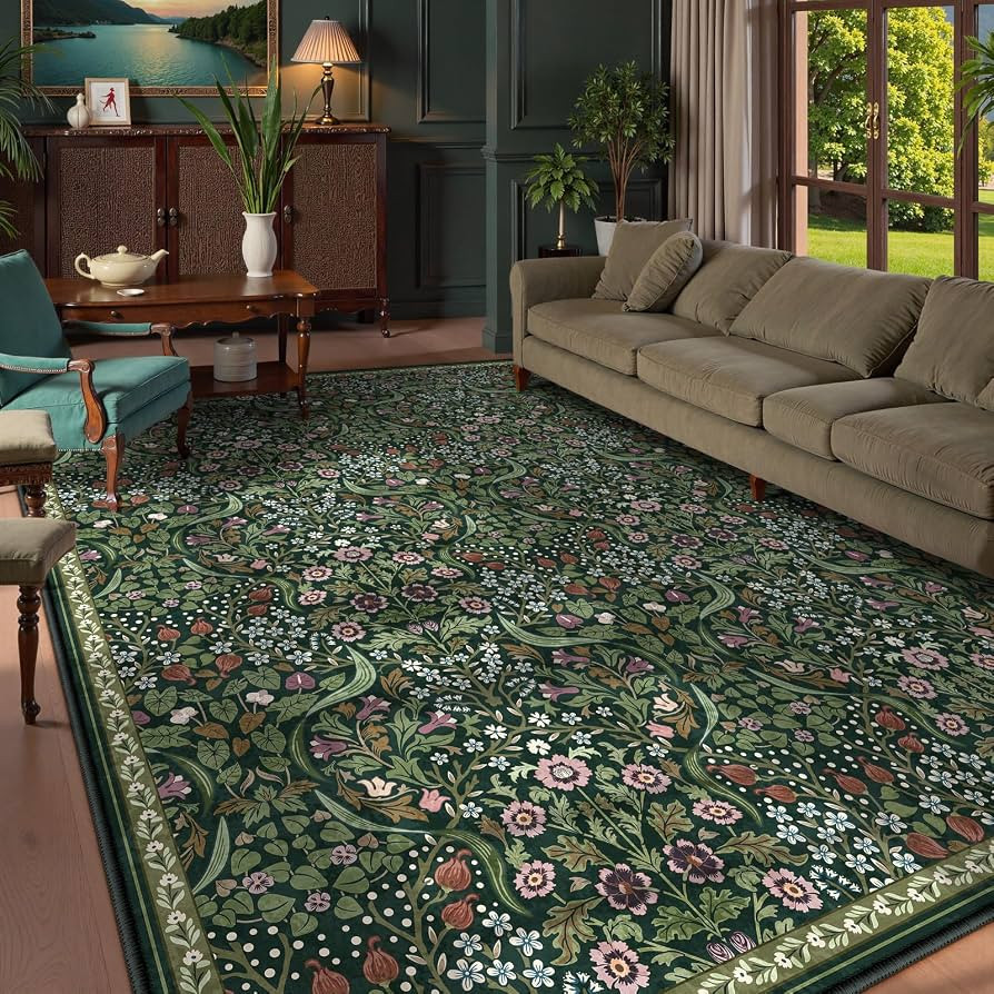 Lahome Claude Floral Area Rugs 9x12 Living Room, Green Soft Bedroom Rugs Non Slip, Thin Dining Ro... | Amazon (US)