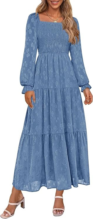PRETTYGARDEN Women's 2025 Fall Floral Midi Dress Long Sleeve Smocked A Line Long Flowy Elegant We... | Amazon (US)