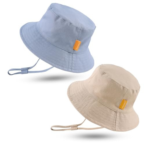 JANGANNSA Cotton Baby Sun Hat Infant Toddler Boys Girls Bucket Hats Summer Sun Protection Kids Beach Caps (Haze Blue+Khaki, 50cm) | Amazon (US)