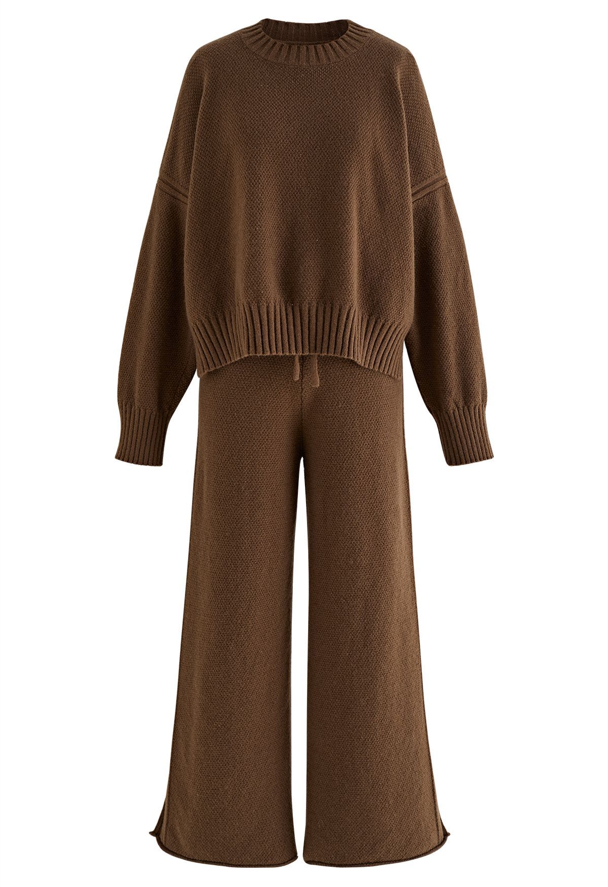 Waffle Knit Hi-Lo Sweater and Wide Leg Pants Set in Brown | Chicwish