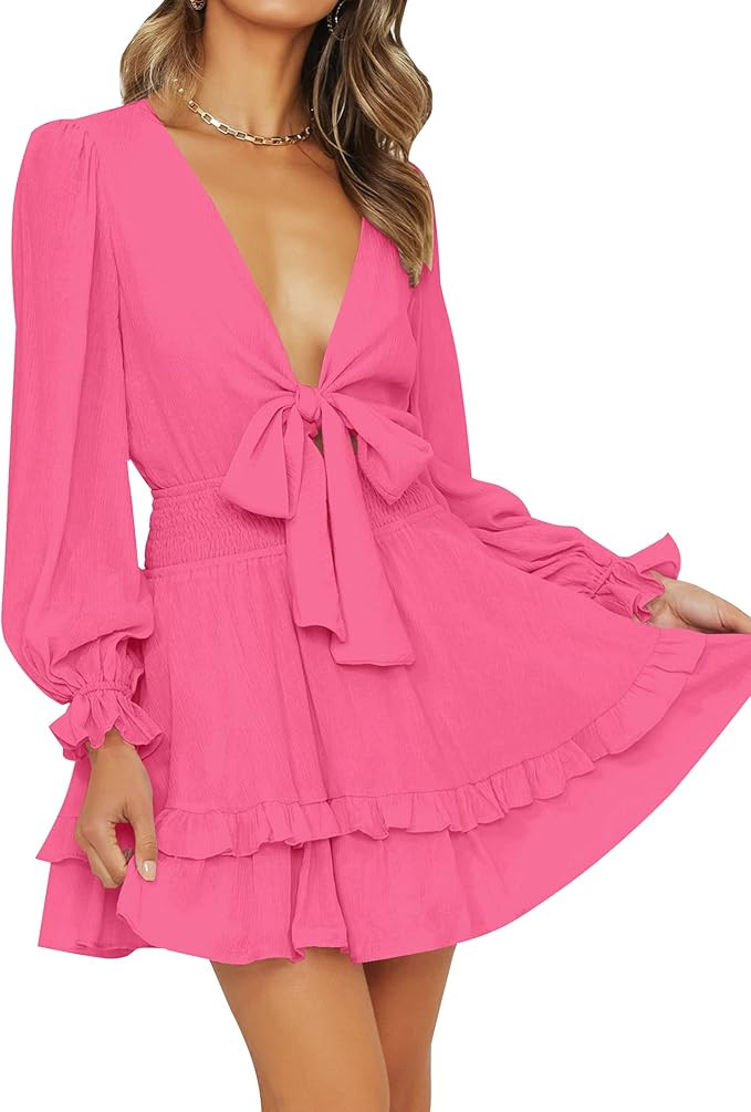 ZESICA Women's Sexy Deep V Neck Knot Front Long Sleeve Smocked Wiast Ruffle Tiered Swing Mini Ska... | Amazon (US)