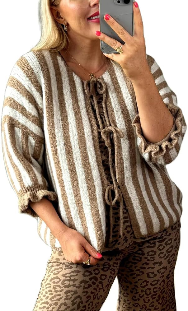 Y2k Women Tie Front Cardigan Sweater Ruffle Short Sleeve Loose Knit Crop Top Cute Open Front Knit... | Amazon (US)