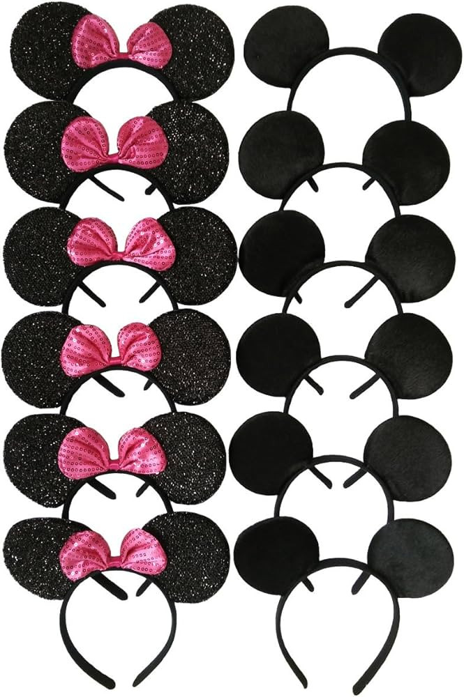 CHuangQi 12 pcs Mouse Ears Headbands, Solid Black & Rose Red Bow for Boys and Girls Birthday Part... | Amazon (US)