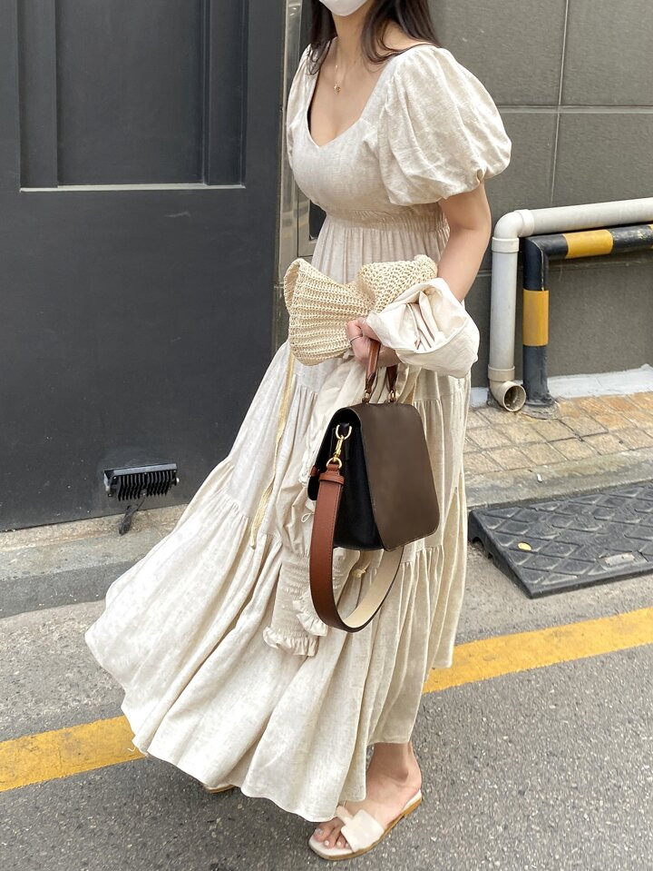 DAZY Solid Puff Sleeve Ruffle Hem Dress | SHEIN