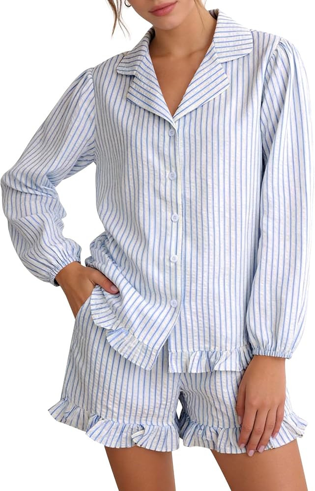 COZYPOIN Striped 2 Piece Pajamas for Womens Set Cute Seersucker Cotton Long Sleeve Button Shirt a... | Amazon (US)