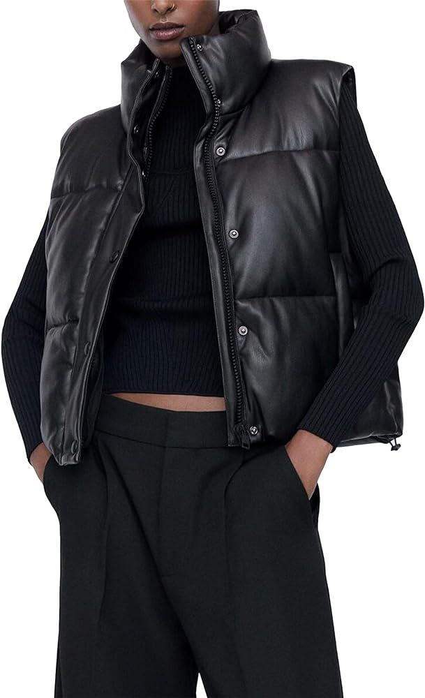 Bozanly Womens PU Leather Quilted Cropped Puffer Vest Zipper Sleeveless Padded Jacket | Amazon (US)
