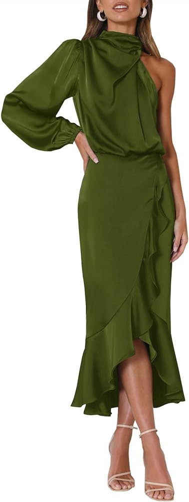 MITILLY Women's Satin Formal One-Shoulder Mock Neck Long Sleeve Bodycon Wrap Mermaid Hem Cocktail... | Amazon (US)