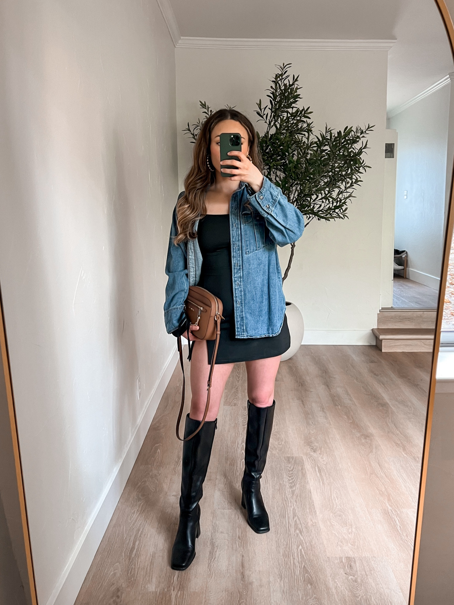 Jean jacket, black knee high boots, & a black dress. 

#LTKxTarget