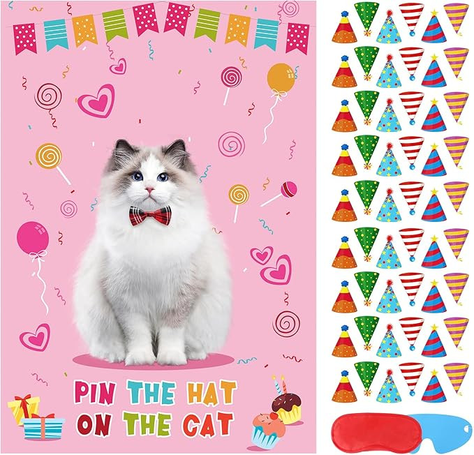 Pin The Hat On The Cat Party Game Cat Birthday Party Games for Kids, Cat Birthday Party Supplies ... | Amazon (US)
