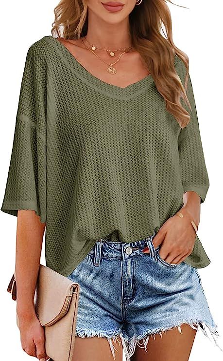 MEROKEETY Women's V Neck Batwing Half Sleeve Shirts Waffle Knit Loose Blouse Solid Color Tops | Amazon (US)