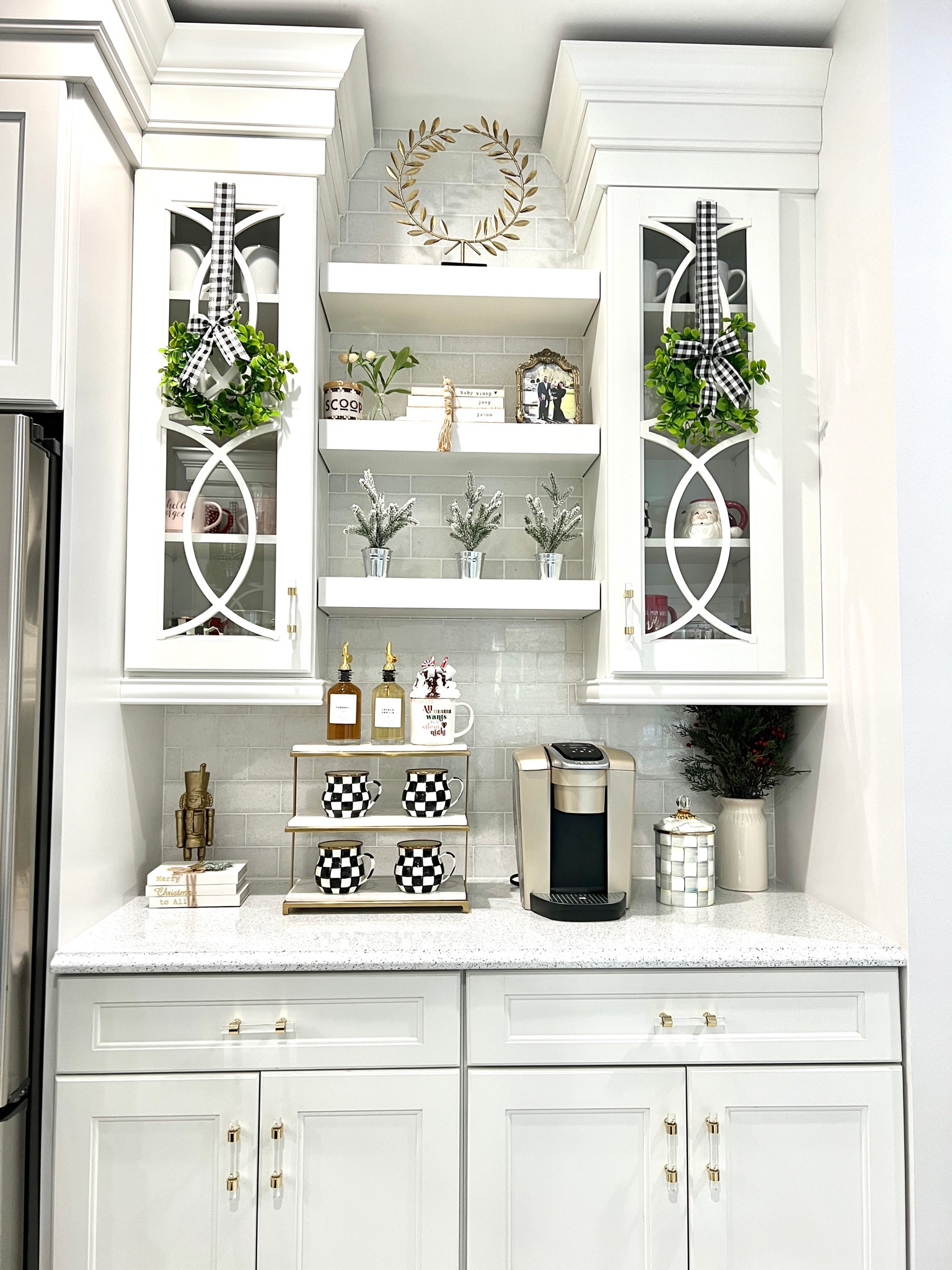 Amazon cabinet wreaths, muds, marble tray, keurig, coffee station , holiday decor 

#LTKhome #LTKSeasonal #LTKHoliday