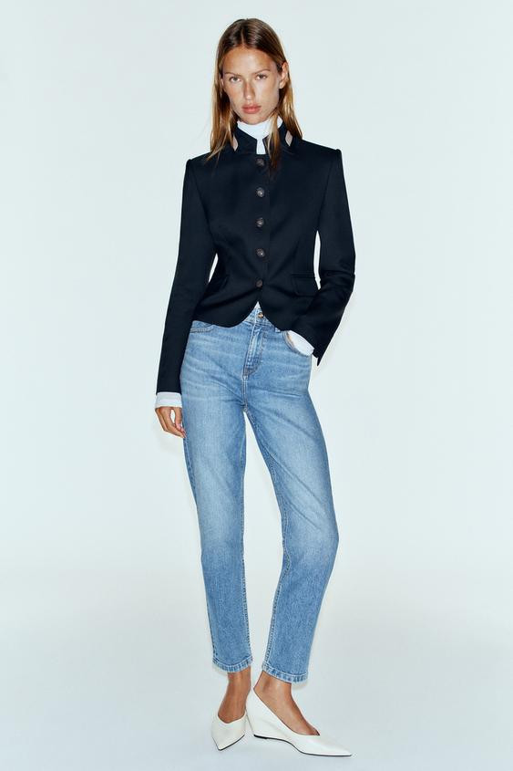 Zara - Contrast Collar Blazer - Navy Blue - M - Woman | Zara US