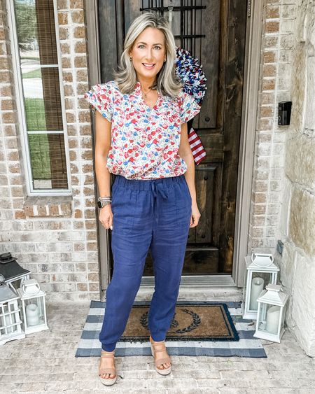 Just wore this top in stories and wanted to share it on the feed too. Runs true to size, all cotton and I think a fun look for the 4th of July, too! Paired it with my go to linen joggers for summer, sized up to a medium for a looser fit. 

#summeroutfit #linenjoggers #fourthofjulyoutfit #rufflesleeves #fashionover40 #fashionover50 #casualstyle #everydayoutfit #nordstrom #avara 

#LTKSeasonal #LTKshoecrush #LTKunder100