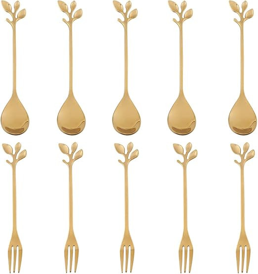 AnSaw 10-Piece Stainless Steel Gold Leaf Coffee Spoon appetizer fork-Creative Tableware Dessert S... | Amazon (US)