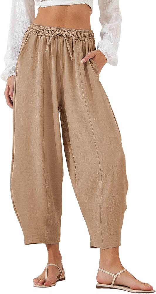 Lviefent Women Wide Leg Capri Pants Casual Elastic Waist Cropped Beach Palazzo Barrel Pants with ... | Amazon (US)