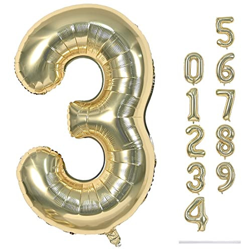 Champagne Gold Number 3 Balloons, 40 Inch Giant Light Gold Helium Foil Number 0-9 for Girls, Self Inflating 3rd Birthday Balloon for Boys Women Men Anniversary Baby Shower Party Decorations Supplies | Amazon (US)
