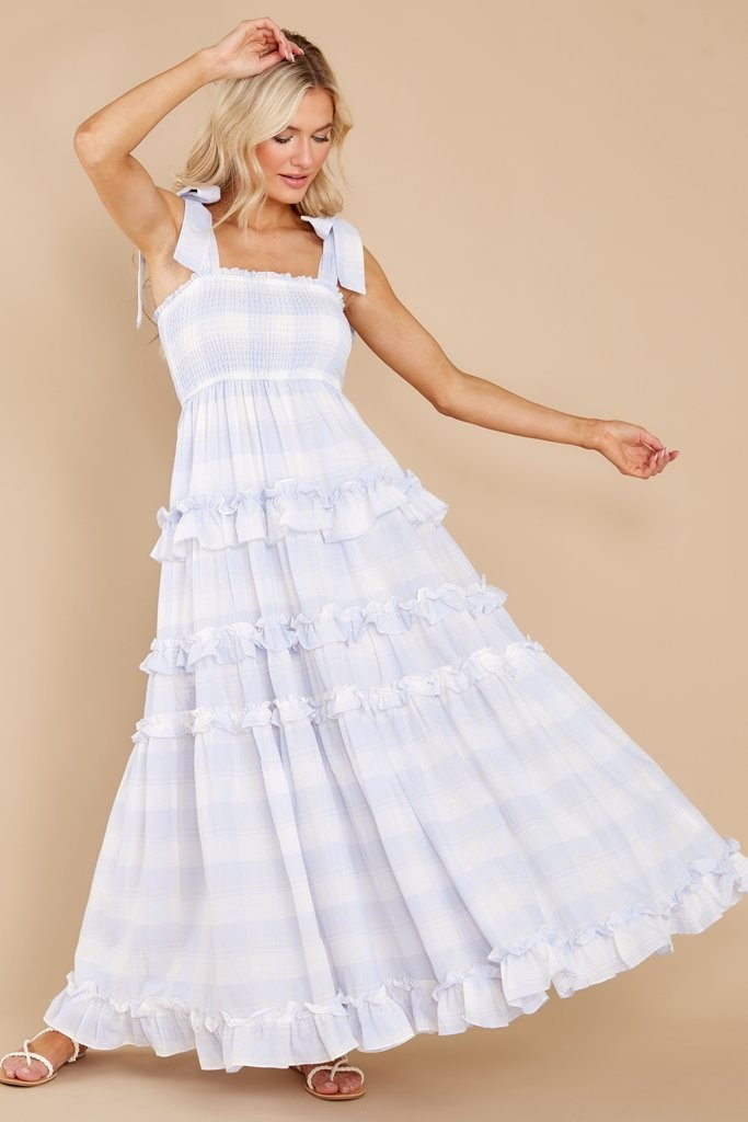 Turn Up The Radio Light Blue Gingham Maxi Dress | Red Dress 