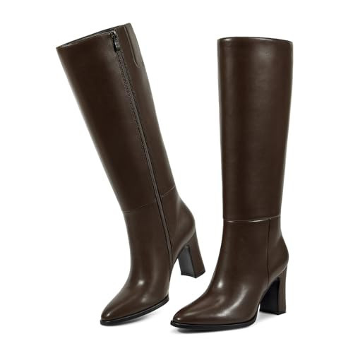 wetkiss Chocolate Brown Boots for Women Knee High Chunky Pointed Toe Boots Zipper Long Boot Womens PU Leather Mid Heel Fall Winter Boot for Date Party Work, Size 9 | Amazon (US)