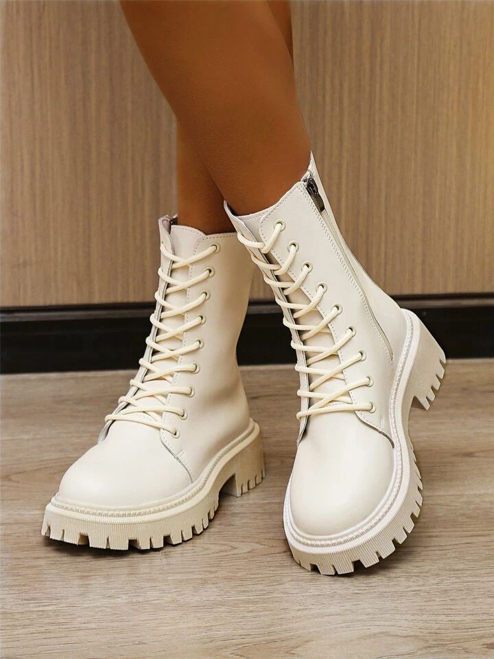 Women's Fashionable Solid Color Combat Boots With Side Zipper | SHEIN