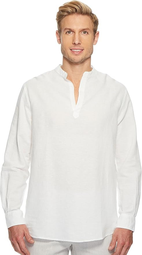 Perry Ellis Men's Long-Sleeve Solid Linen Cotton Popover Shirt | Amazon (US)