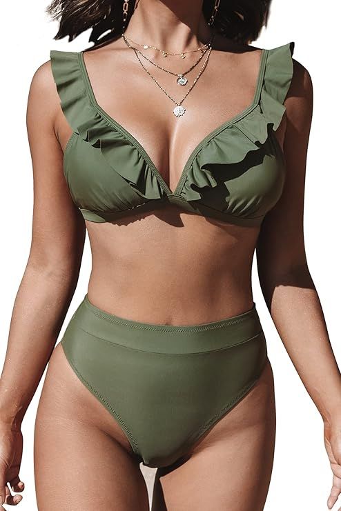 CUPSHE Women's High Waisted Ruffle Swimsuits 2 Piece Ruched Triangle Bikini Bathing Suits | Amazon (US)