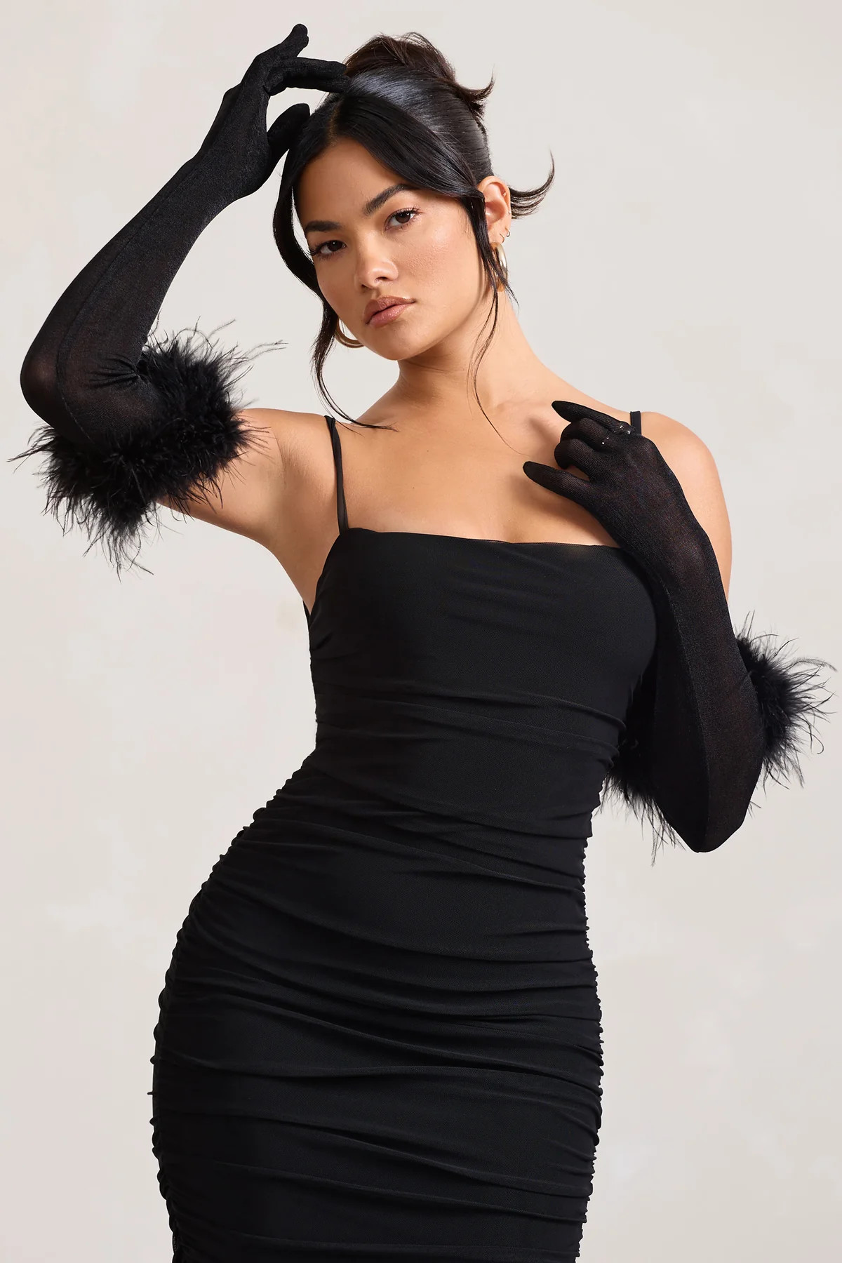 Spicy Signs | Black Long-Sleeved Feather Gloves | Club L London