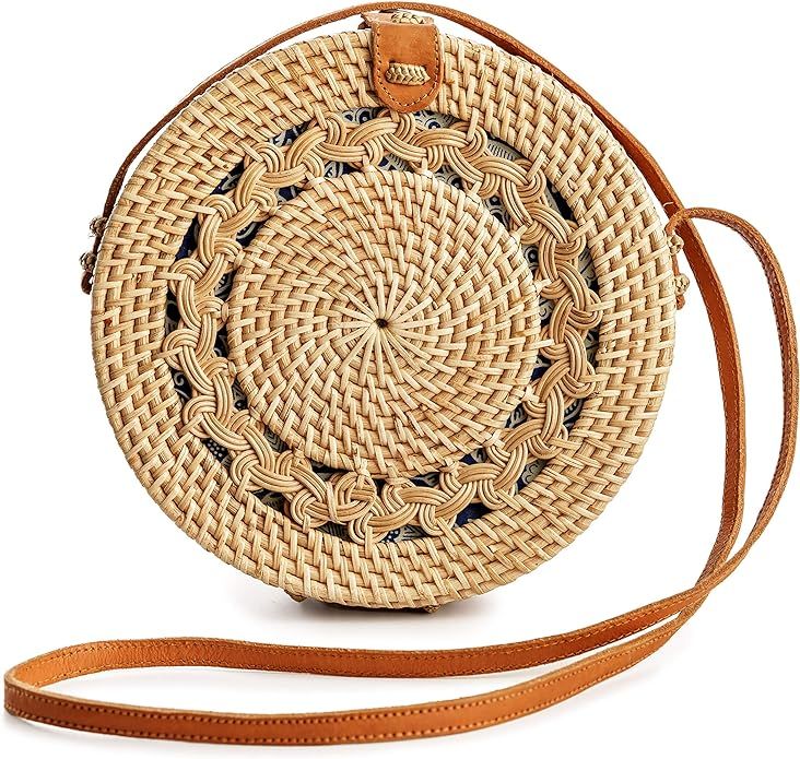 Novum Crafts Round Rattan Bag for Women - Handmade Straw Bags - Wicker Purse - Brown White Circle... | Amazon (US)