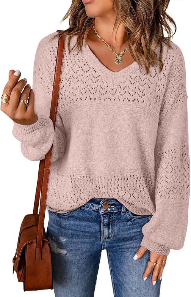 SHEWIN Women's Sweaters Casual Long Sleeve V Neck Crewneck Lightweight Crochet Pullover Sweater T... | Amazon (US)
