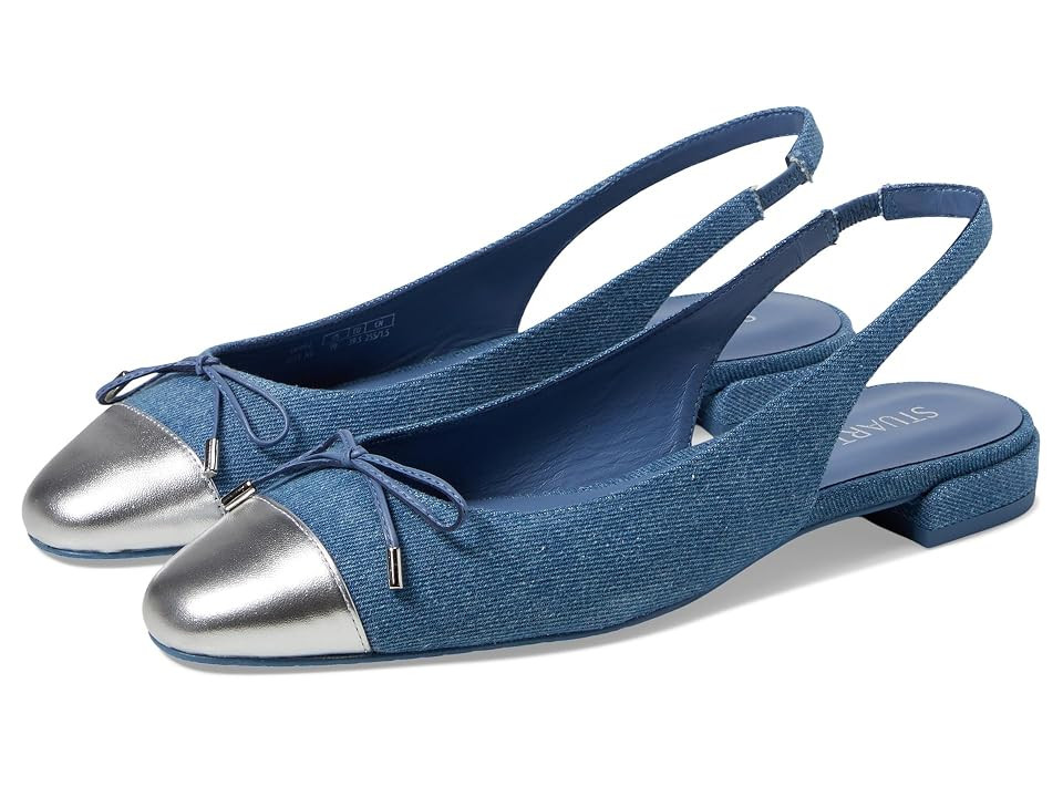 Stuart Weitzman Sleek Bow Slingback Flat Women's Flat Shoes Washed/Silver : 9.5 M, Denim/Leather/Mesh | Zappos